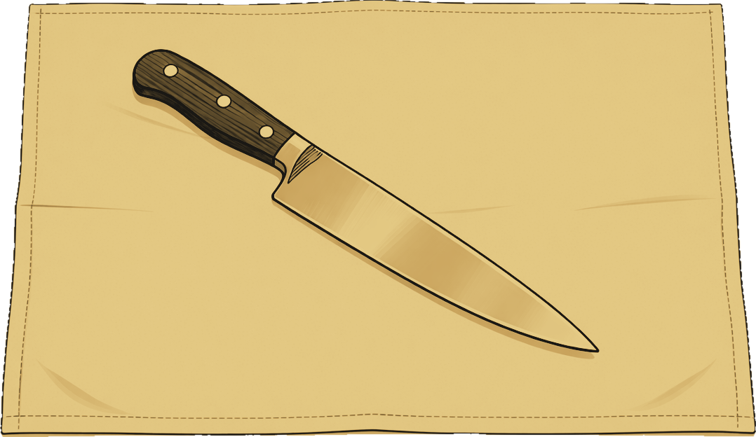 Kitchen knife laid on a tea towel
